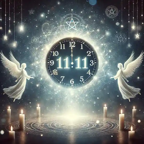 Immagine di un orologio digitale che mostra ‘11:11’ su uno sfondo stellato con simboli angelici e scie luminose, evocando un’atmosfera spirituale e misteriosa.